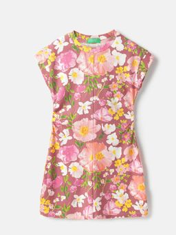 United Colors of Benetton - Pink Round Neck Floral Printed Rib Knee Length Dress