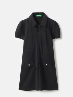 United Colors of Benetton - Black Solid Gold Button Interlock Knee Length Dress