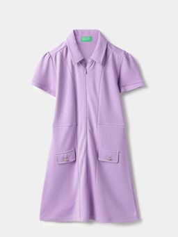 United Colors of Benetton - Purple Solid Gold Button Interlock Knee Length Dress