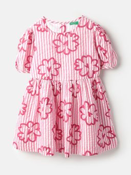 United Colors of Benetton - Pink Round Neck Floral Stripes Seersucker Midi Dress
