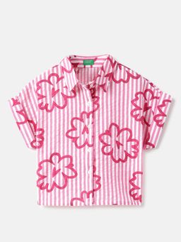 United Colors of Benetton - Pink Round Neck Floral Print Seersucker Shirt