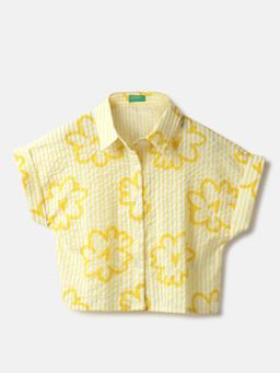United Colors of Benetton - Yellow Round Neck Floral Print Seersucker Shirt