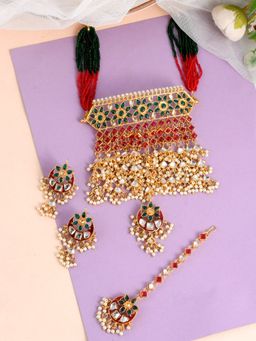 Silvermerc Designs - Gold Plated Kundan Meenakari Heavy Choker Jewellery Set With Maang Tikka