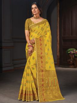 EXCLUSIVA - Yellow Cotton Saree with Unstitched Blouse