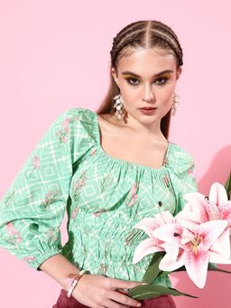 Style Quotient - Women Green & Pink Floral Print Top