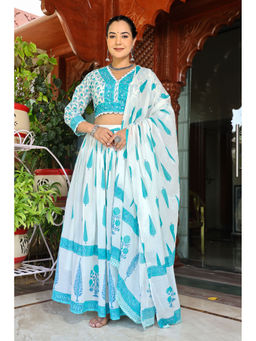 Zolo Label - Cotton Blue Printed Lehenga With Blouse And Dupatta (Set of 3)