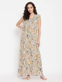 Clovia - Pretty Florals Long Nighty In Beige - Cotton