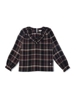 Gini & Jony - Girls Maroon Cotton Checks Woven Top