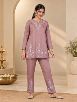 QAZMI - Gulnaz Aari Work Viscose Rayon Full Sleeves A-Line CoOrd Set