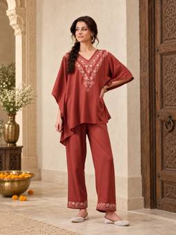 QAZMI - Shahira Aari Work Viscose Rayon V-Neck Kaftan CoOrd Set