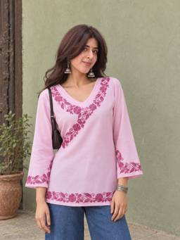 QAZMI - Aari Work Viscose Rayon V-Neck Full Sleeves Kurti