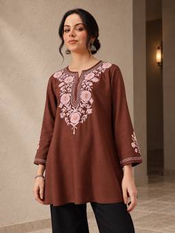 QAZMI - Aari Work Viscose Rayon Full Sleeves A-Line Flared Kurti