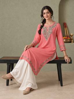 QAZMI - Women Aari Embroidered Viscose Rayon Keyhole Neck Kurta