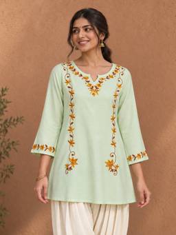 QAZMI - Women Kashmiri Aari Embroidered A-Line Viscose Rayon Short Kurti with Full Sleeves