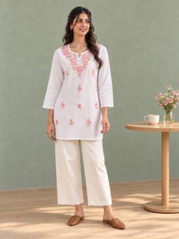 QAZMI - Women's Aari Embroidered Pure Cotton Short Kurta