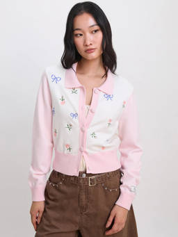 Pomelo - Floral Cardigan with Contrast Sleeve Detail - Light Pink