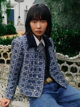Pomelo - Tweed Crop Jacket - Navy Blue