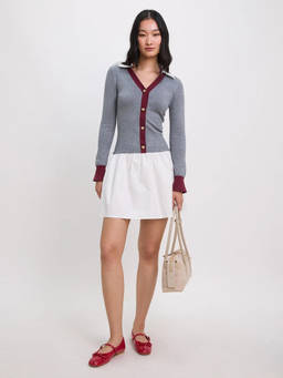 Pomelo - V-Neck Knit Mini Dress with Contrast Trim - Mid Grey