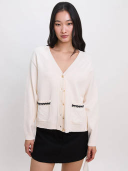 Pomelo - V-Neck Cardigan with Embroidered Pocket Detail - Beige