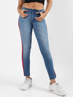 PINACOLADA - Womens Blue Contrast Side-Striped Denim Jeans