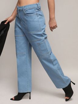 PINACOLADA - Womens Light Blue Straight Fit Cargo Denim Jeans