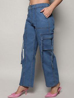 PINACOLADA - Womens Prussian Blue Straight Fit Cargo Denim Jeans