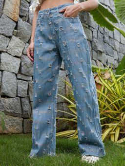 PINACOLADA - Women Sky Blue Metallic-Brush Straight-Fit Denim Jeans