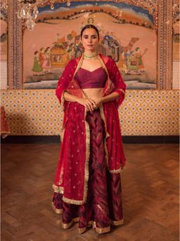 PRIYANKA RAAJIV - Girija + Reecha Burgundy Patchwork Lehenga (Set of 3)