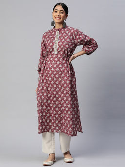 Vbuyz - Women's Print & Embroidered Straight Cotton Rose Pink Stitched Kurta