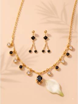 Gahan - Gold-Plated Black and White Stone Necklace with Matching Drop Earrings Set for Women