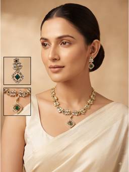 Gahan - Elegant Gold Leaf Necklace with Emerald Green Stone Pendant Matching Crystal Earrings