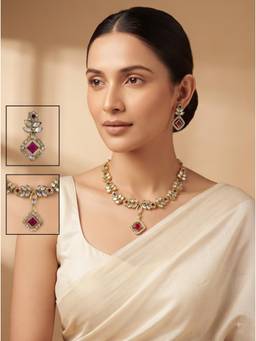 Gahan - Elegant Gold Leaf Necklace with Emerald Pink Stone Pendant Matching Crystal Earrings