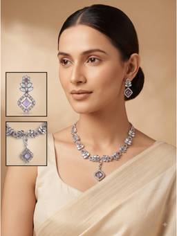 Gahan - Elegant Silver Leaf Necklace with Emerald Lavender Matching Crystal Earrings