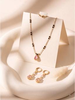Gahan - Gold-Plated Baby Pink Stone Mangalsutra with Matching Drop Earrings Set for Women