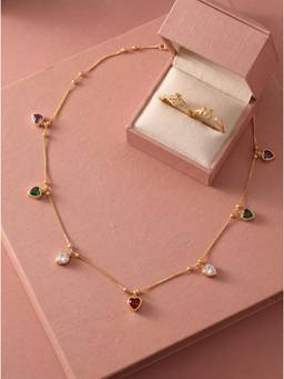 Gahan - Gold-Plated Multicolor Stone Necklace with Elegant Charms and M Letter Ring for Women