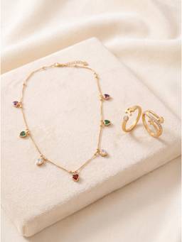 Gahan - Gold-Plated Multicolor Stone Necklace with Elegant Charms and R Letter Ring for Women