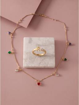 Gahan - Gold-Plated Multicolor Stone Necklace with Elegant Charms and R Letter Ring for Women