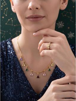 Gahan - Gold-Plated Multicolor Stone Necklace with Elegant Charms and A Letter Ring for Women