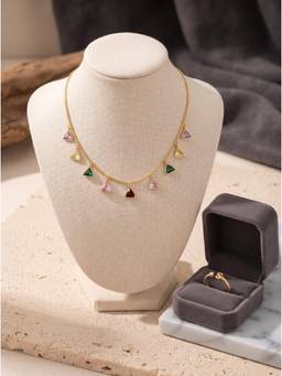 Gahan - Gold-Plated Multicolor Stone Necklace with Elegant Charms and S Letter Ring for Women