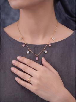 Gahan - Gold-Plated Multicolor Stone Necklace with Elegant Charms and S Letter Ring for Women