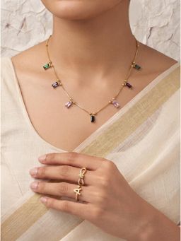 Gahan - Gold-Plated Multicolor Stone Necklace with Elegant Charms and A Letter Ring for Women