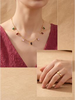 Gahan - Gold-Plated Multicolor Stone Necklace with Elegant Charms and K Letter Ring for Women
