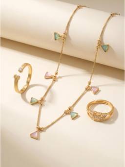 Gahan - Gold-Plated Multicolor Stone Necklace with Elegant Charms and S Letter Ring for Women