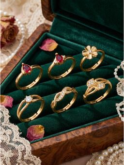 Gahan - Womens Gold-Plated Floral & Heart Design Adjustable Ring (Pack of 6)