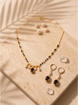 Gahan - Gold-Plated Black and White Stone Mangalsutra with Matching Drop Earrings Set for Women