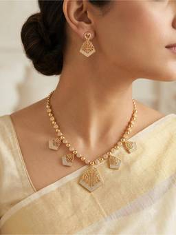 Gahan - Gold Beaded Necklace Set with Crystal Drop Earrings
