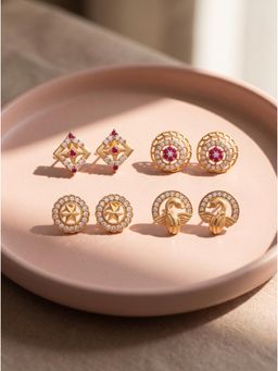 Gahan - Gold-Plated Stud Earrings Set with CZ Stones and Elegant Designs for Women (Pair of 4)