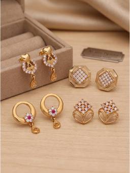 Gahan - Gold-Plated Stud Earrings Set with CZ Stones and Elegant Designs for Women (Pair of 4)