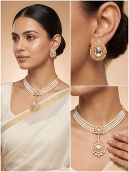 Gahan - Elegant Pearl Choker Necklace with Gold Teardrop Pendant with Crystal Stud Earrings