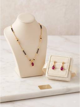 Gahan - Gold-Plated Pink and White Stone Mangalsutra with Matching Drop Earrings Set for Women
